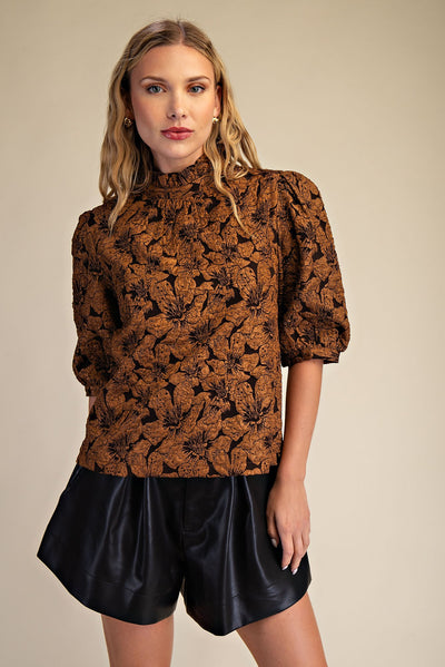 Brown High Collar Balloon Sleeves Top