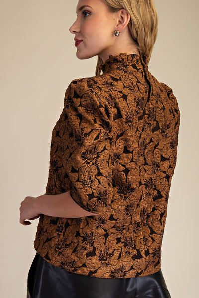 Brown High Collar Balloon Sleeves Top