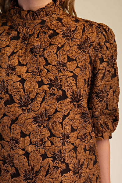 Brown High Collar Balloon Sleeves Top