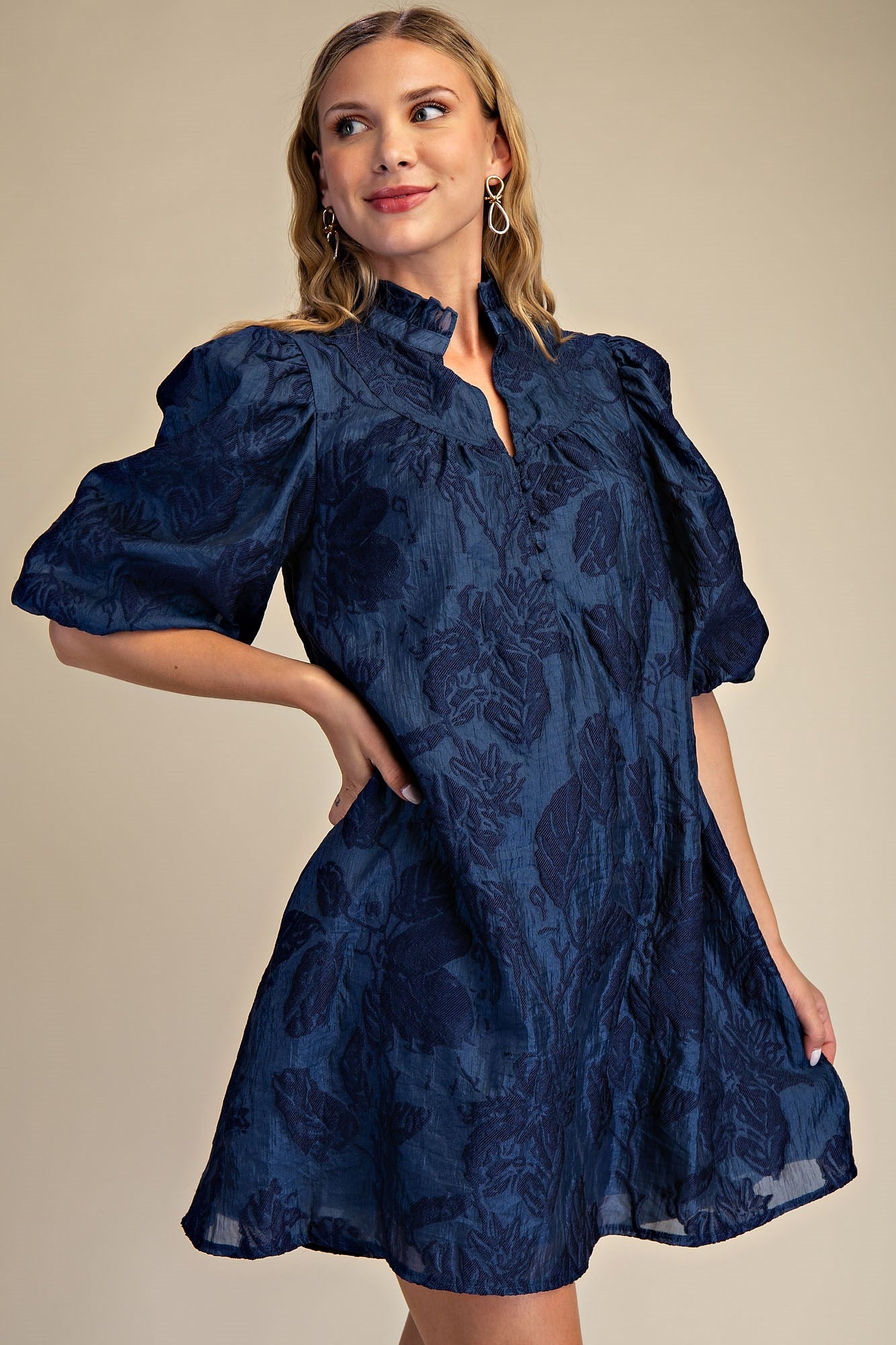 Navy Ruffled Neck with Volume Sleeve Dress