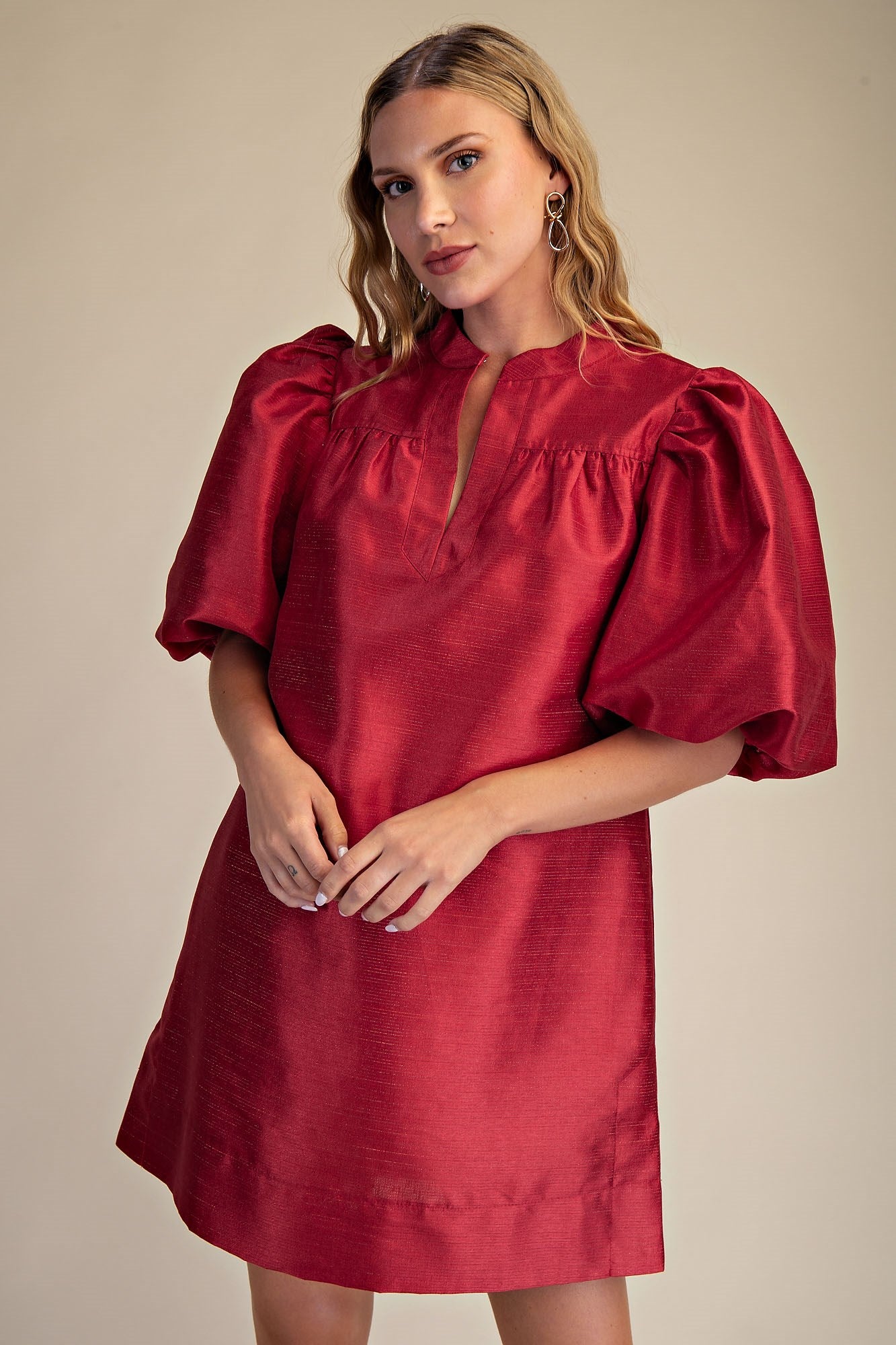 Red Round Neck Puff Sleeve Mini Dress