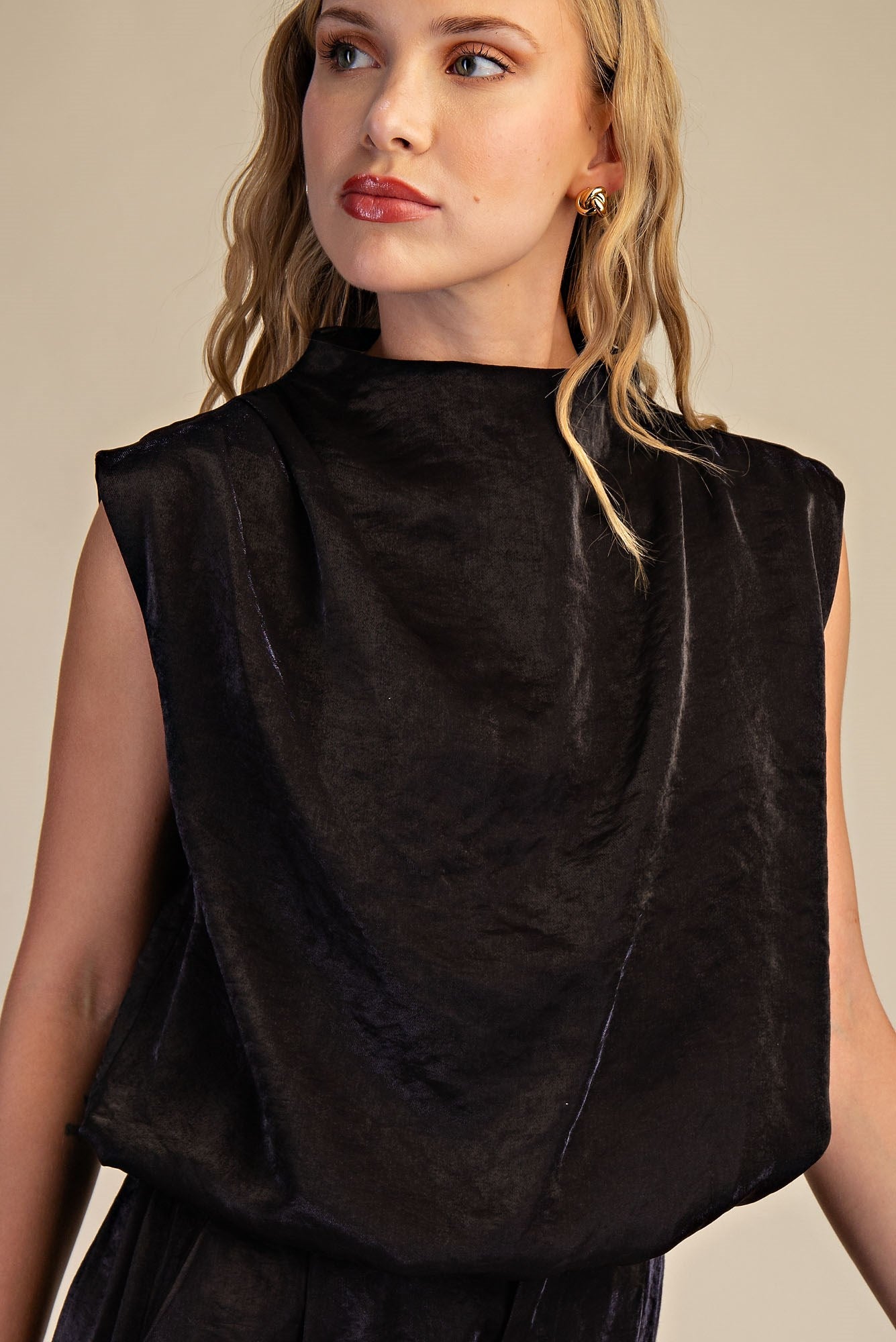 Black Mock Neck Sleeveless Bubble Top