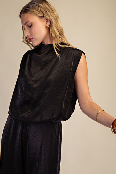 Black Mock Neck Sleeveless Bubble Top