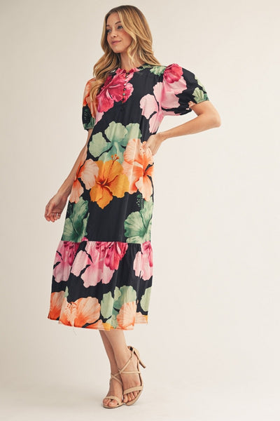 model wearing floral dress