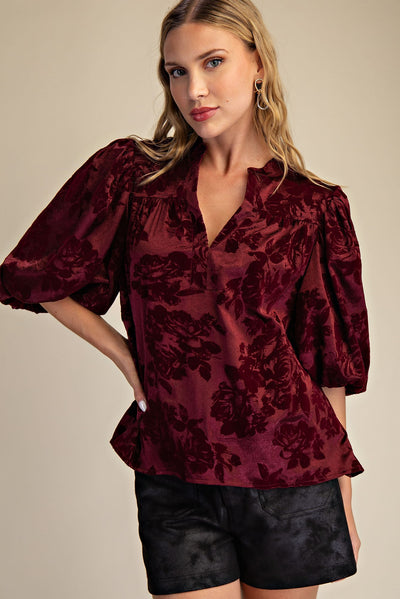 Wine High Round Neck Puff Sleeve Top