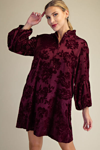 Wine Ruffled Neck Bubble Sleeve Dress