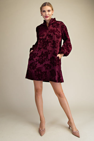 Wine Ruffled Neck Bubble Sleeve Dress
