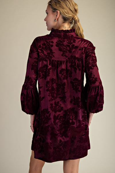 Wine Ruffled Neck Bubble Sleeve Dress
