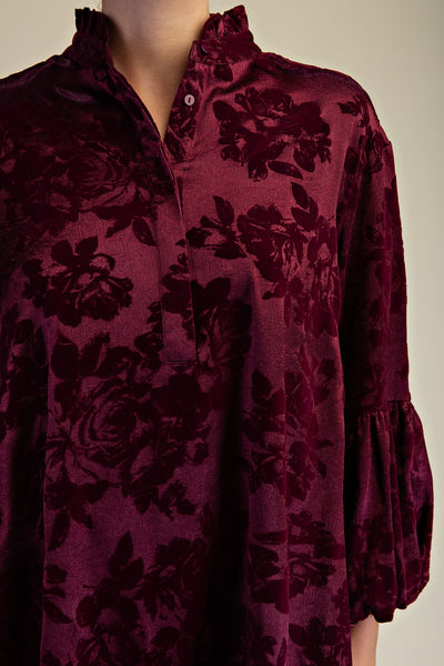 Wine Ruffled Neck Bubble Sleeve Dress