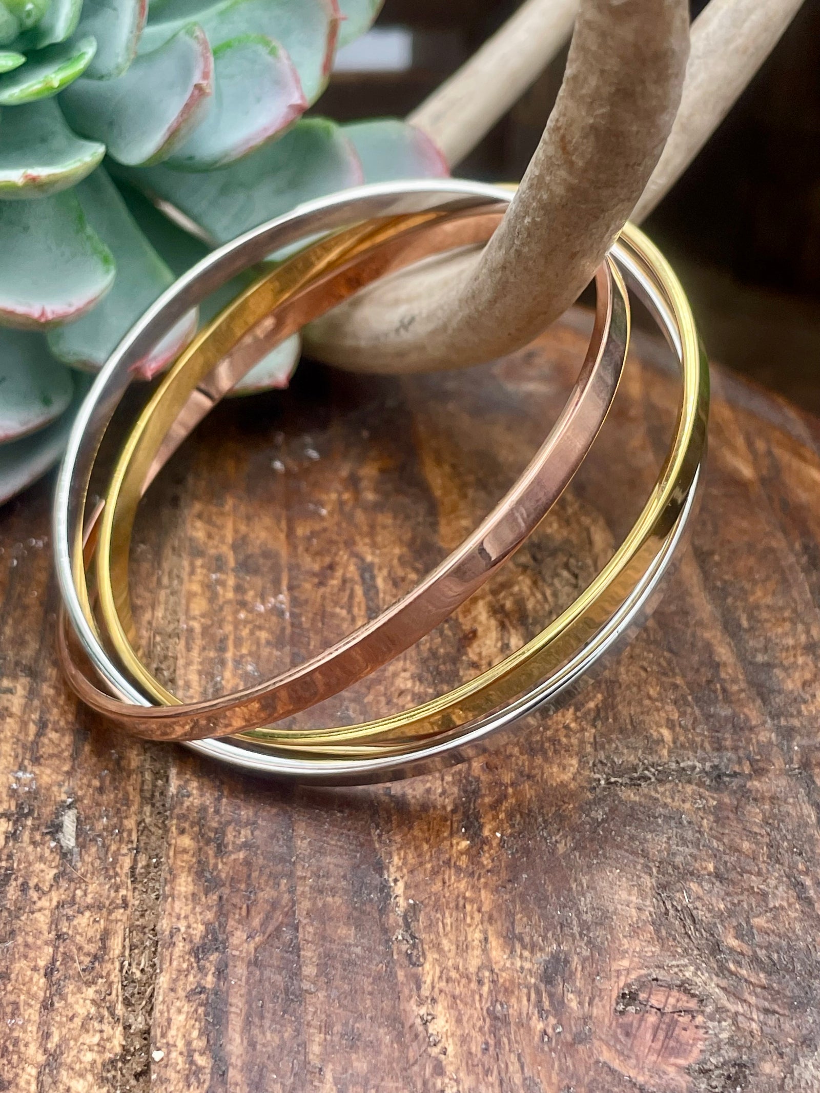 Rose, Gold & Silver 3 Piece Slim Bangle Bracelet Set