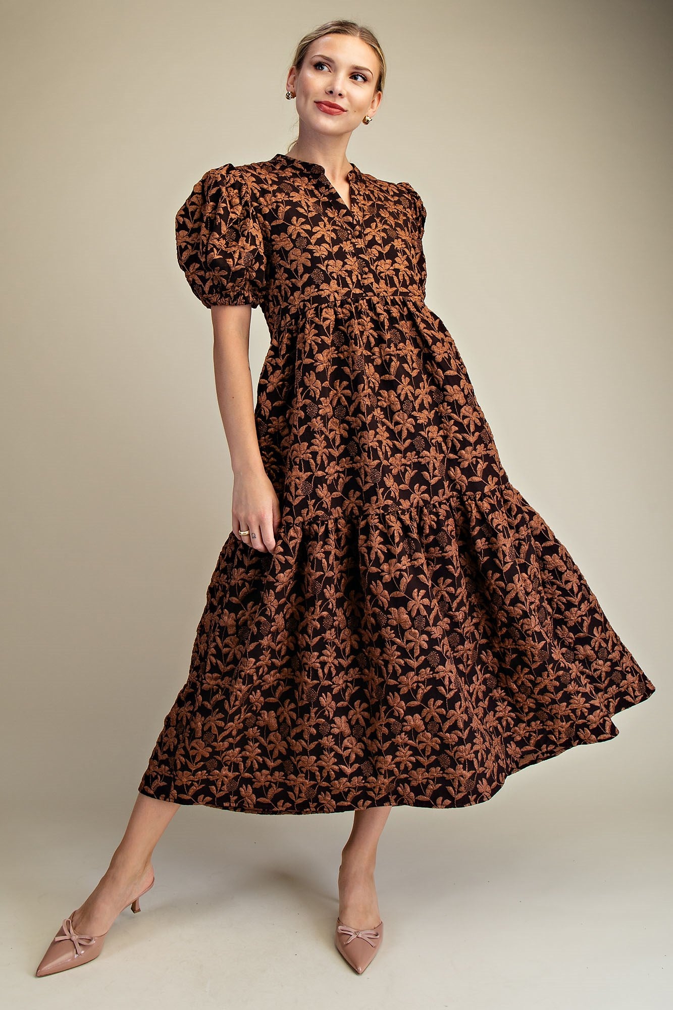 Brown Puff Sleeve Midi Dress