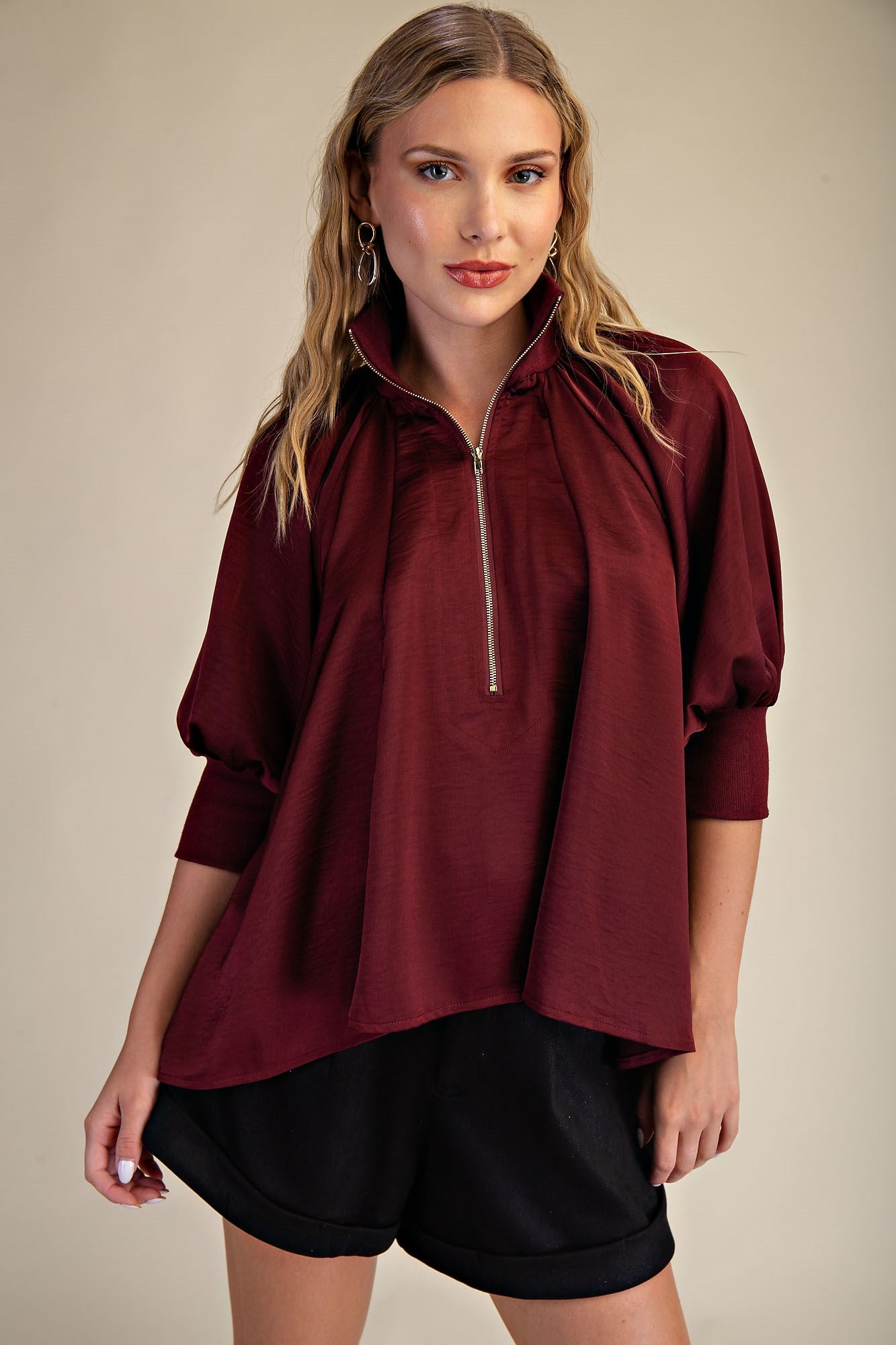 Burgundy Mock Neck Puff Sleeve Blouse