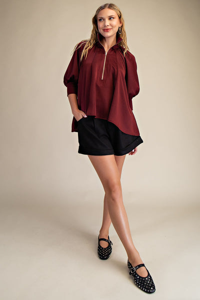 Burgundy Mock Neck Puff Sleeve Blouse
