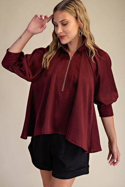 Burgundy Mock Neck Puff Sleeve Blouse