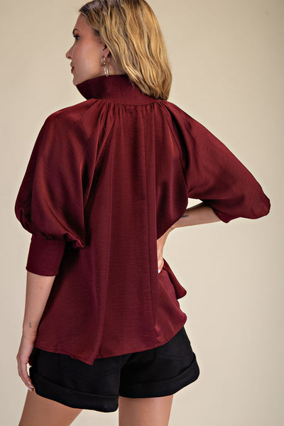 Burgundy Mock Neck Puff Sleeve Blouse
