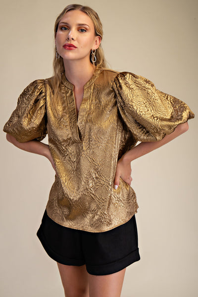 Metallic V-Neck Puff-Sleeve Top