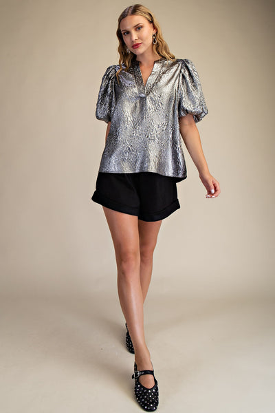 Metallic V-Neck Puff-Sleeve Top