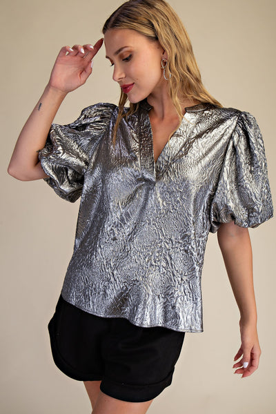 Metallic V-Neck Puff-Sleeve Top