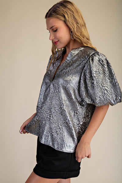 Metallic V-Neck Puff-Sleeve Top