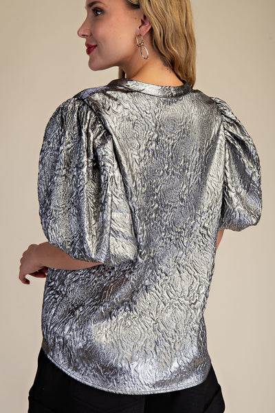 Metallic V-Neck Puff-Sleeve Top
