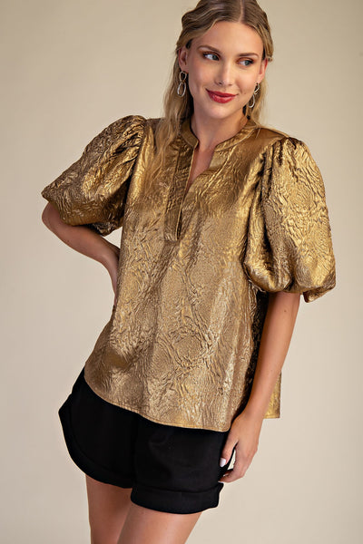 Metallic V-Neck Puff-Sleeve Top