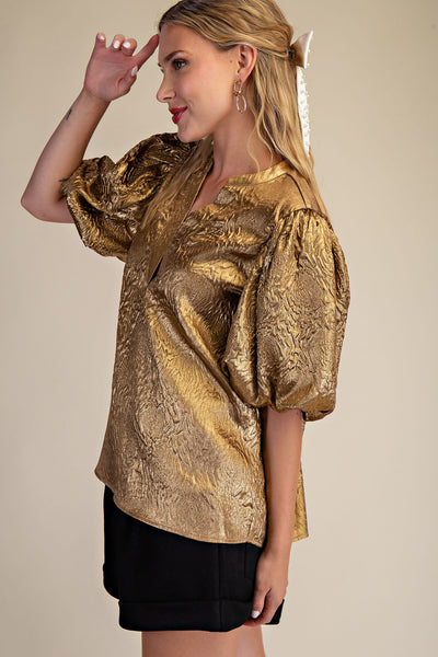 Metallic V-Neck Puff-Sleeve Top