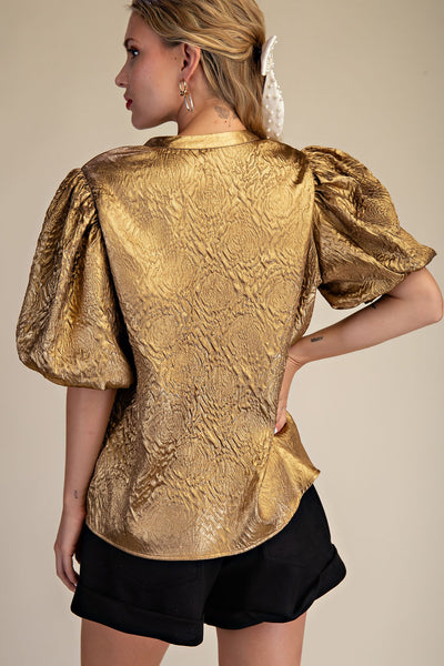 Metallic V-Neck Puff-Sleeve Top