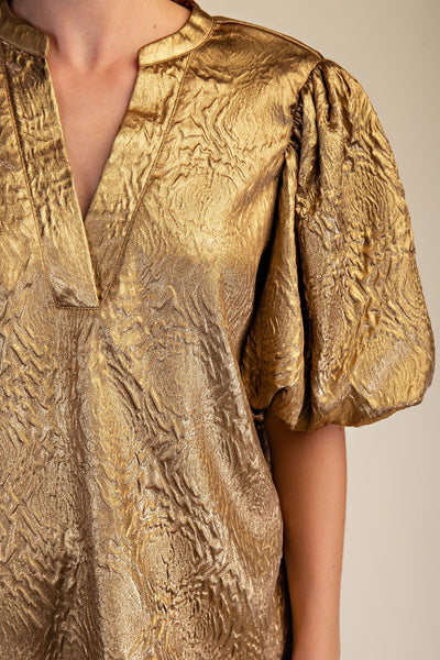 Metallic V-Neck Puff-Sleeve Top