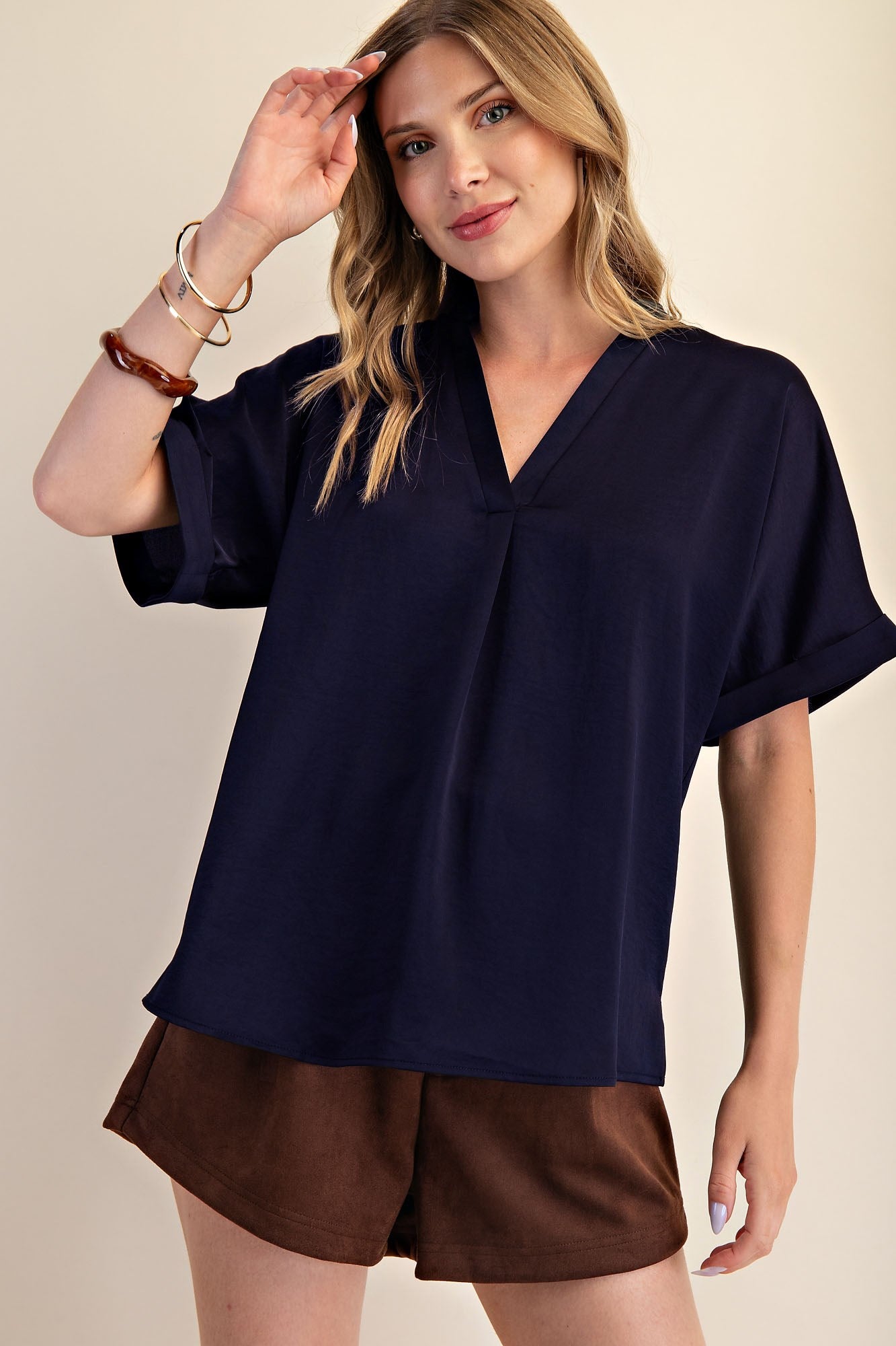 Jennifer V-Neck Placket Cuffs Sleeve Top