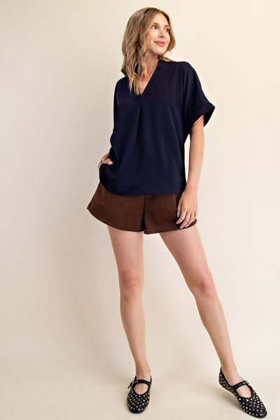 Jennifer V-Neck Placket Cuffs Sleeve Top