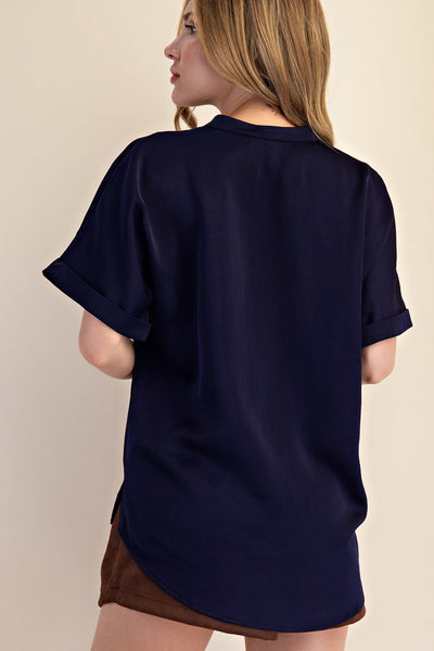 Jennifer V-Neck Placket Cuffs Sleeve Top