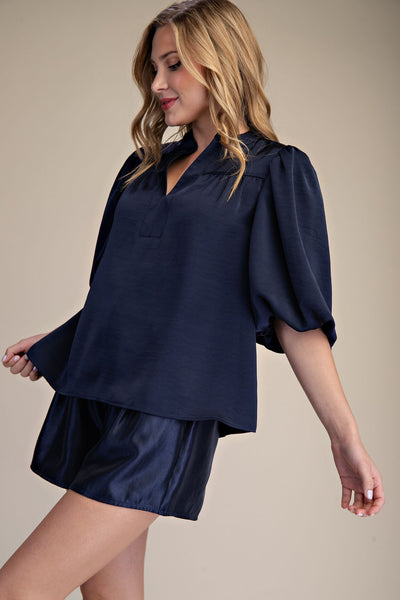 Lee China Collar V-Neck Elbow Length Bubble Sleeve Poplin Top