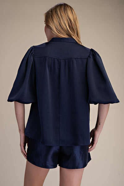Lee China Collar V-Neck Elbow Length Bubble Sleeve Poplin Top
