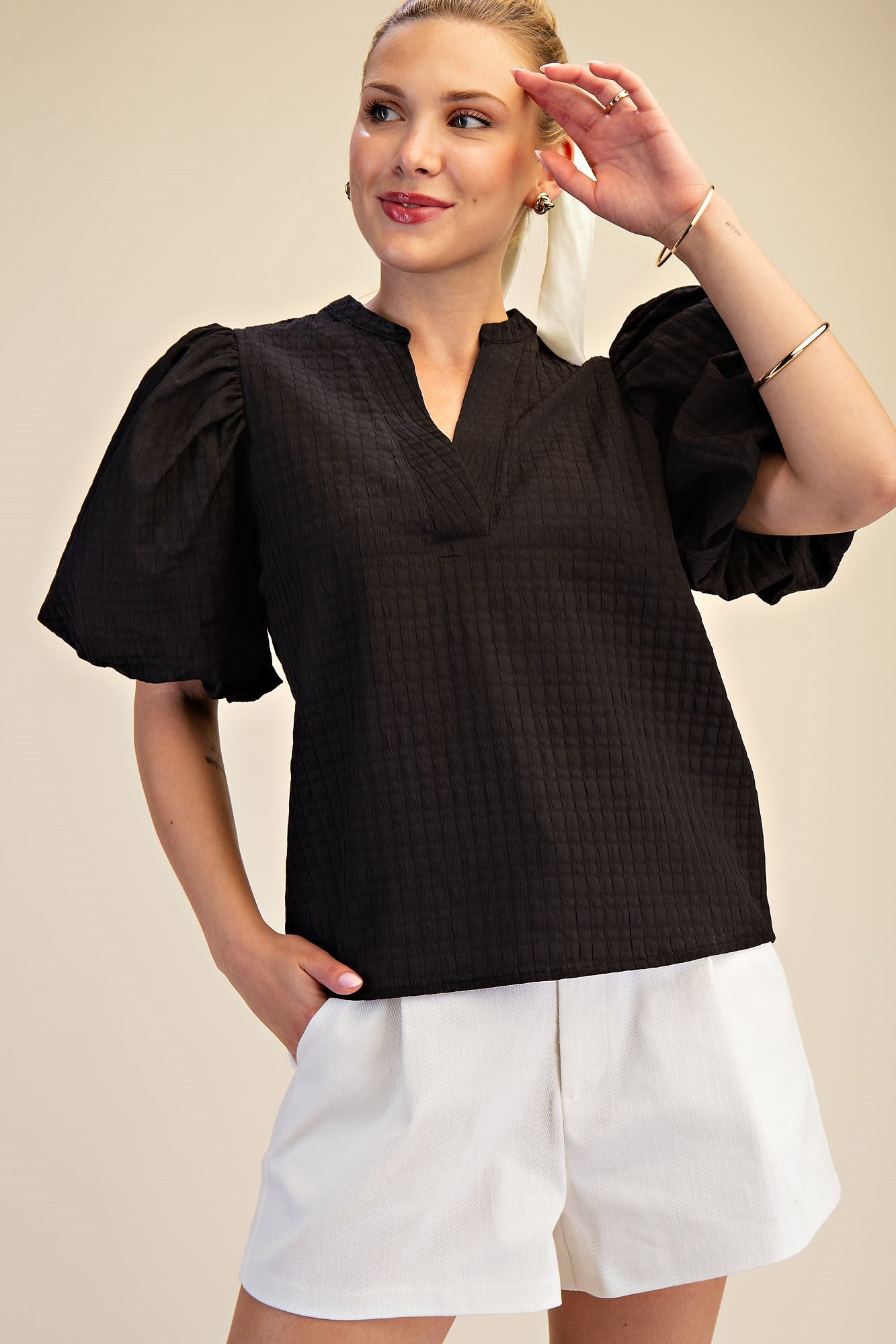 Helen V-Neck Puff-Sleeve Textured Top