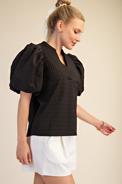 Helen V-Neck Puff-Sleeve Textured Top