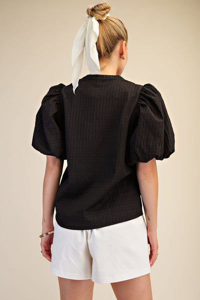 Helen V-Neck Puff-Sleeve Textured Top