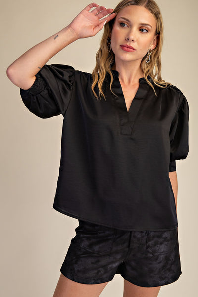 Charlie V-Neck Puff Sleeve Satin Top