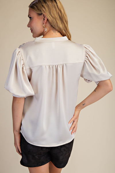 Charlie V-Neck Puff Sleeve Satin Top