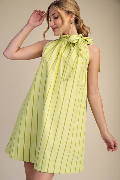 Casey Blue Striped Neck Tie Sleeveless Mini Dress