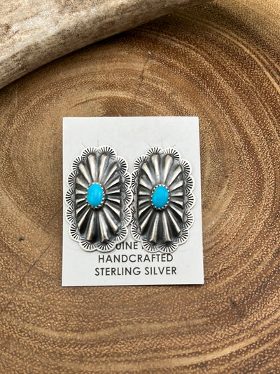 Lola Sterling Silver Oval Concho Post Earrings with Turquoise Stone