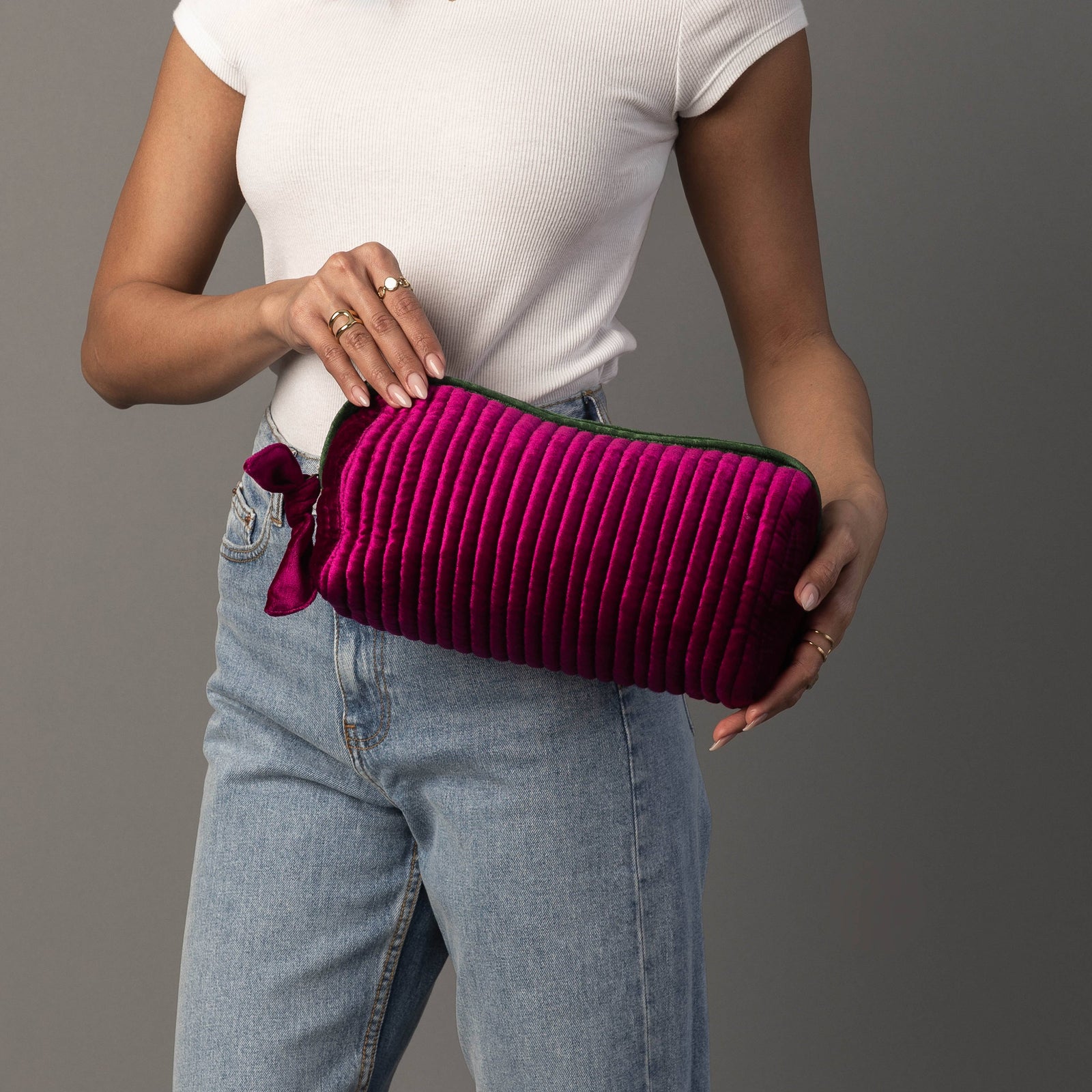 Fuchsia & Green Velvet Ribbed Travel Pouch