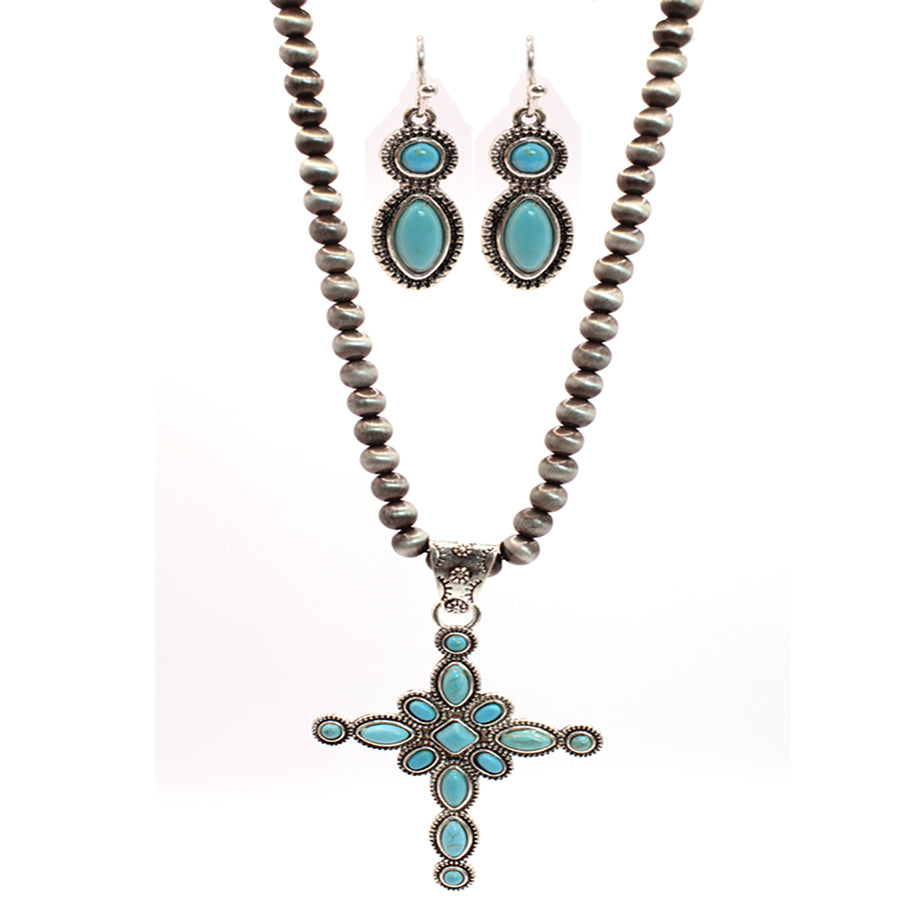 Kensington Fashion Navajo Necklace With Cross Pendant & Earrings - Turquoise