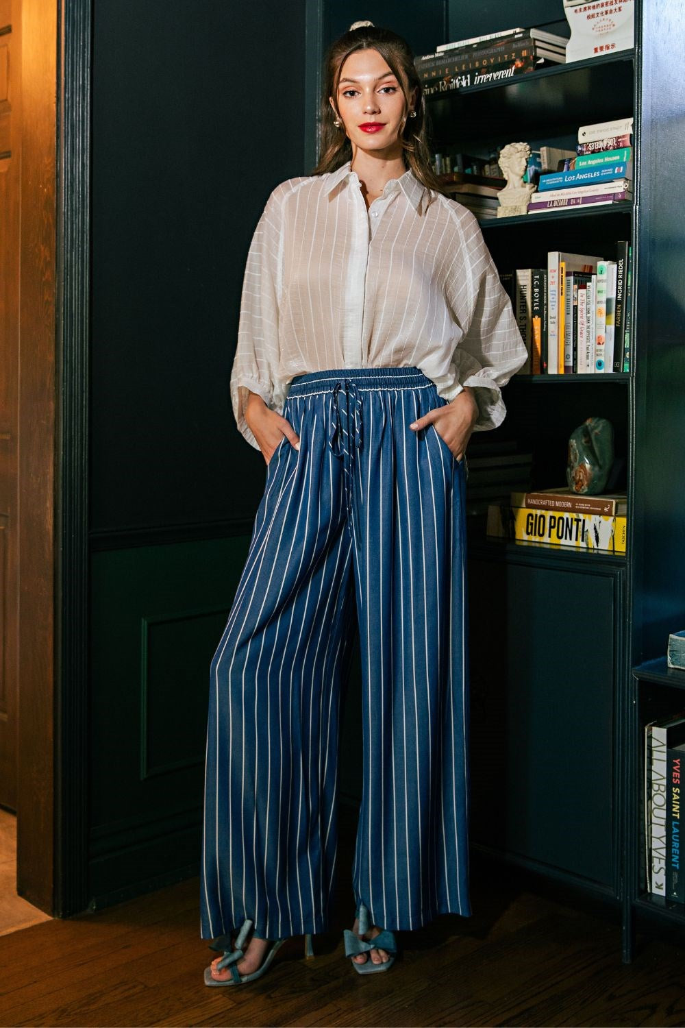 Cali High Waist Elastic Band Stripe Wide Pants
