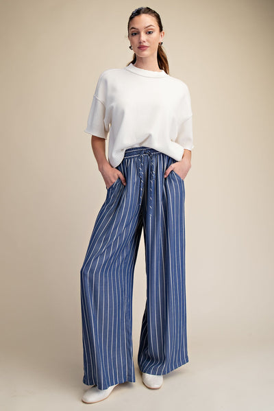 Cali High Waist Elastic Band Stripe Wide Pants