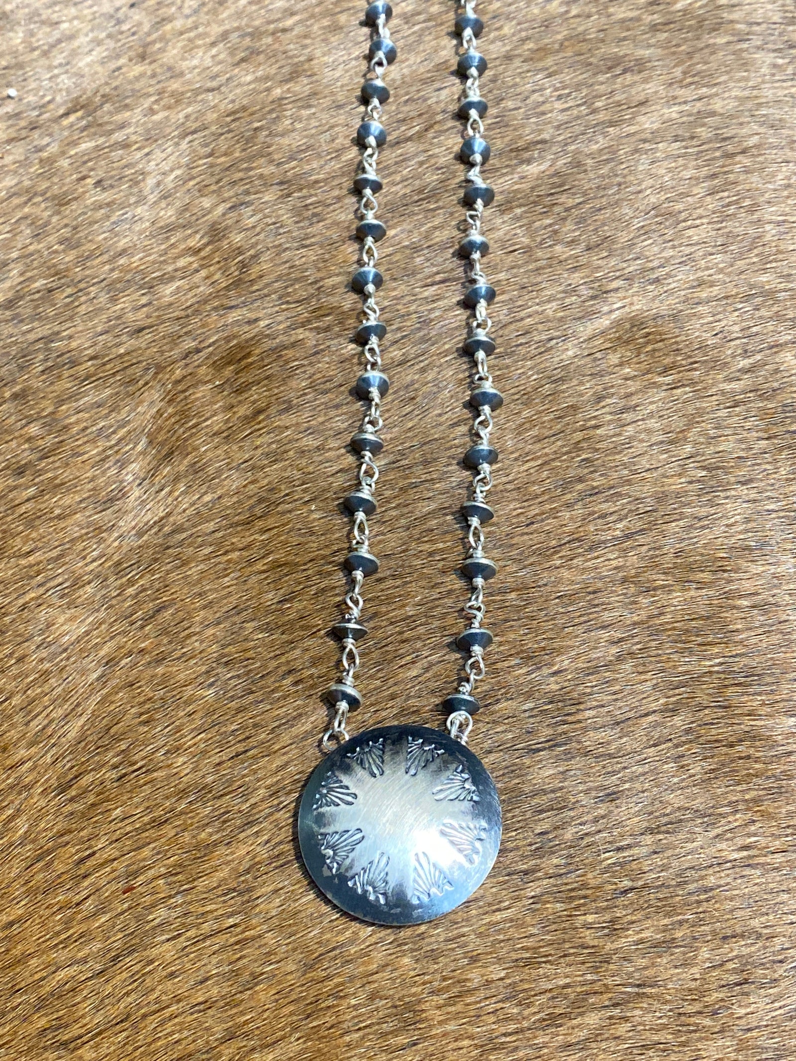 Glacier Sterling Linked Navajo Saucer Necklace With Round Stamped Pendant - 20"