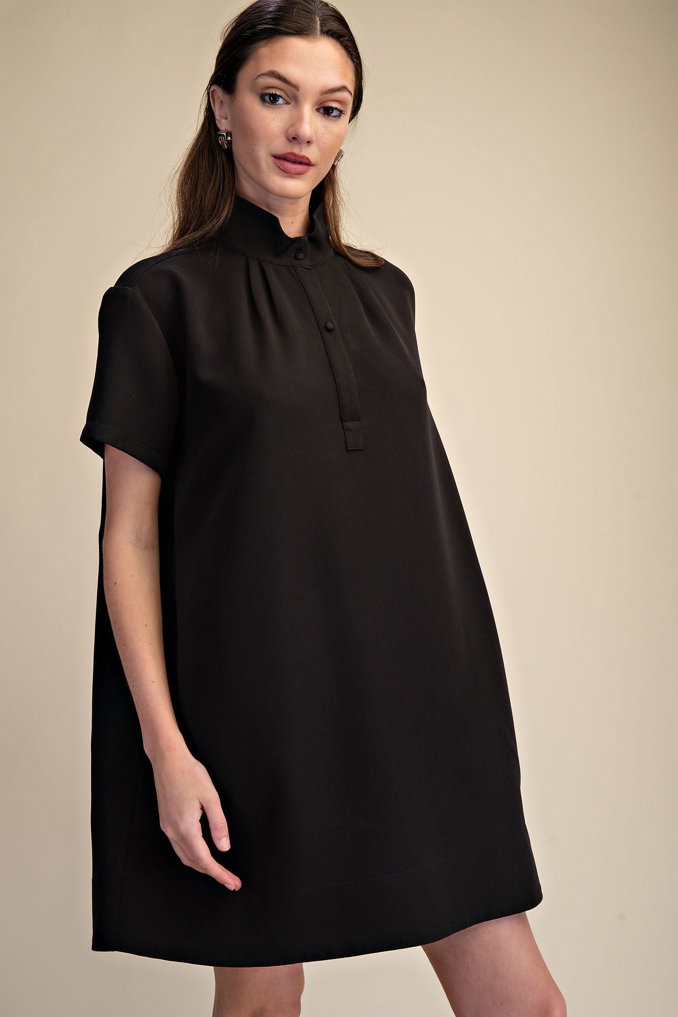 Lila Stand Collar Short Sleeve Shift Mini Dress