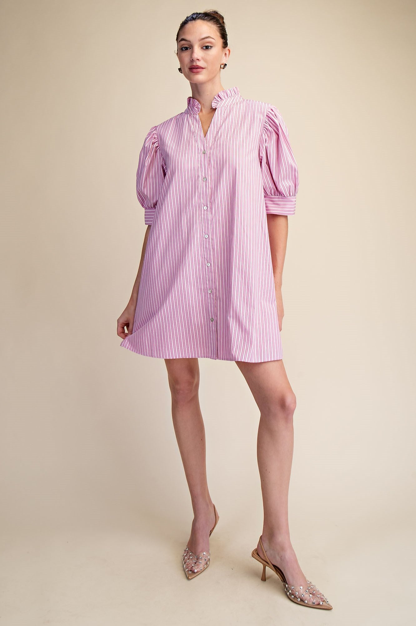 Lindsey Pink Ruffle V Neck Striped Puff Sleeve Dress