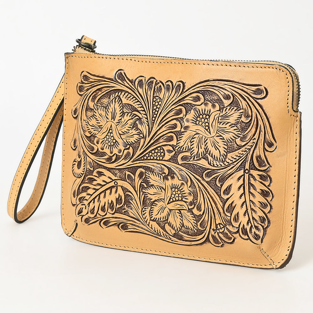 Tooled Leather Wristlet Handbag