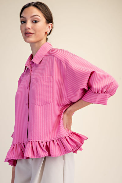 Katyana Navy Ruffle Edge Striped Button Down Top