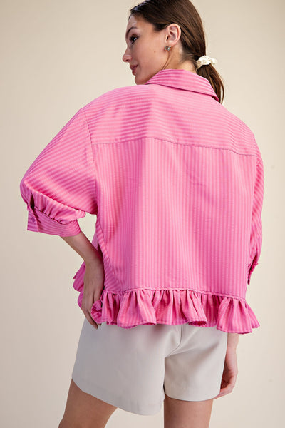 Katyana Navy Ruffle Edge Striped Button Down Top